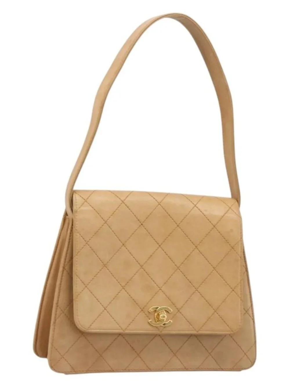 CHANEL Matelasse Shoulder Bag Lamb Skin Beige Gold CC Auth 187187